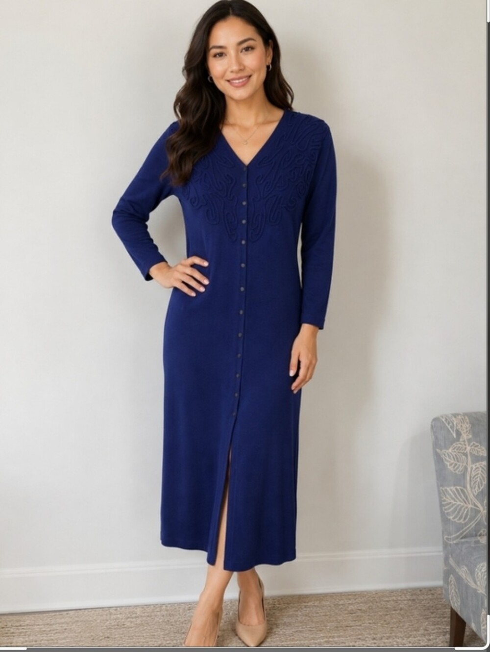 NWT Carole Little Navy Blue V-Neck Button Front Long Sleeve Maxi Dress Large